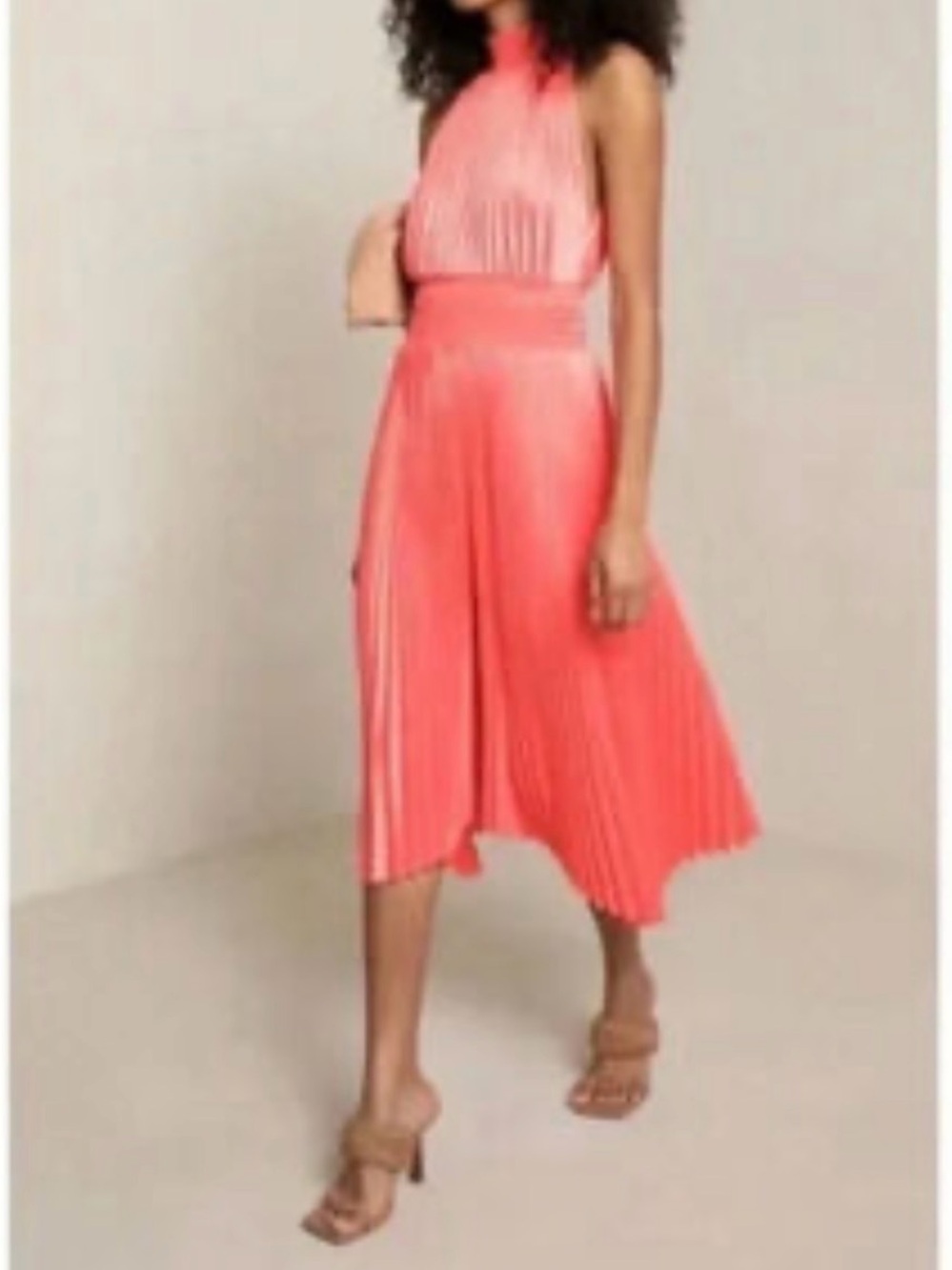 ALC Pleated Halter Midi Dress in Coral